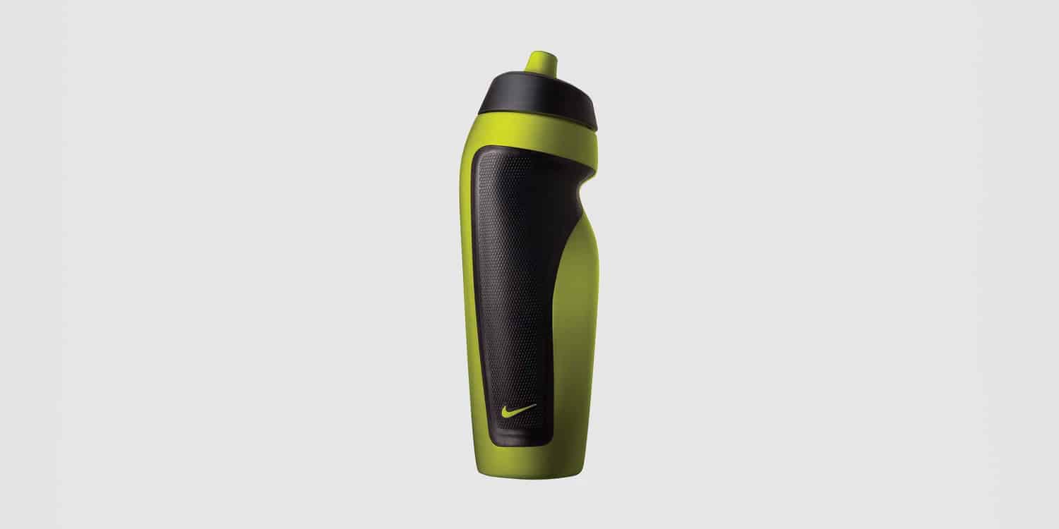 Image of a nike waterbottle with overmoulding hand grip in black and green.