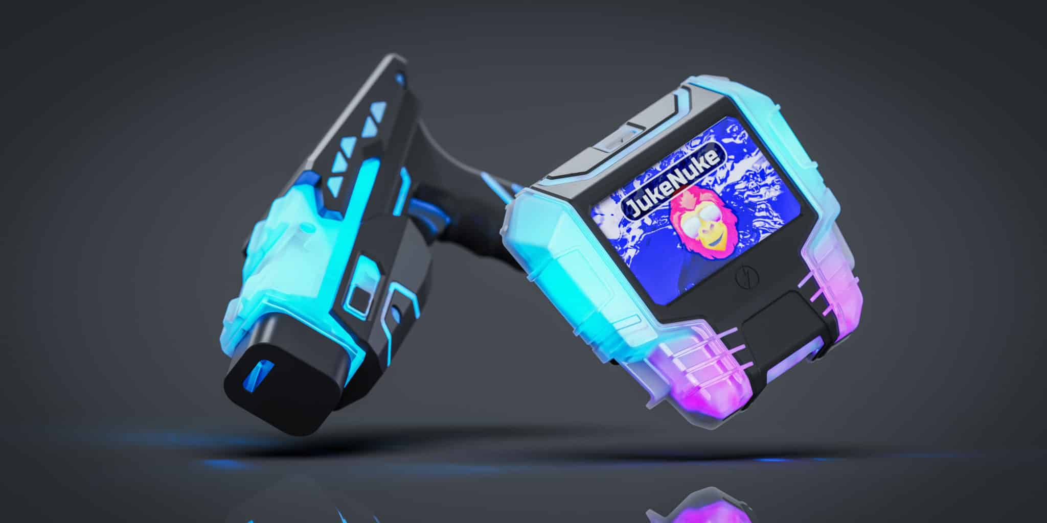 Render image of a Laserforce handle and chestpack for laser tag with overmoulded hand grip and hardware protection. 